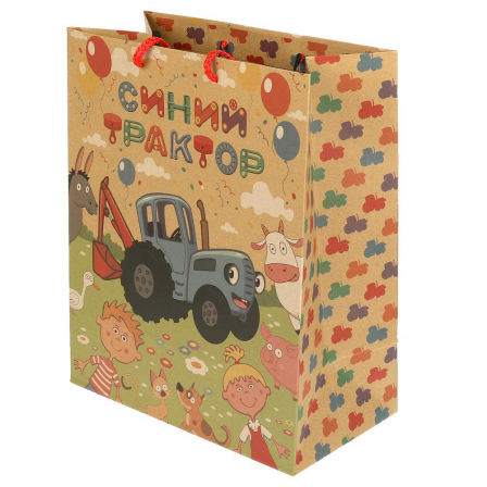 Пакет подарочный крафт СИНИЙ ТРАКТОР m, 18*23*10 см ЧУДО ПРАЗДНИК в кор.24*12шт