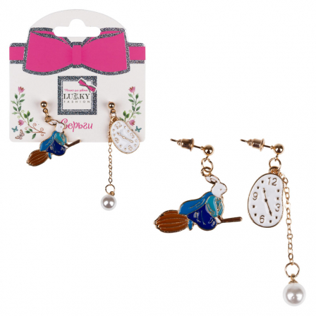 Lukky Fashion серьги-гвоздики с подвесками металл+эмаль Кролик на метле и Часы,карта