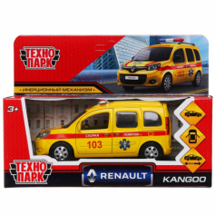 Машина металл RENAULT KANGOO РЕАНИМАЦИЯ 12 см, двери, багаж, желтая, в кор.. Технопарк