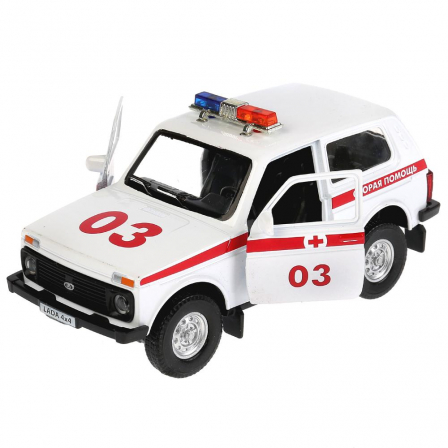 Машина металл свет-звук "LADA 4x4 СКОРАЯ" 12см, открыв. двери, инерц. в кор. Технопарк