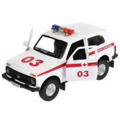 Машина металл свет-звук "LADA 4x4 СКОРАЯ" 12см, открыв. двери, инерц. в кор. Технопарк