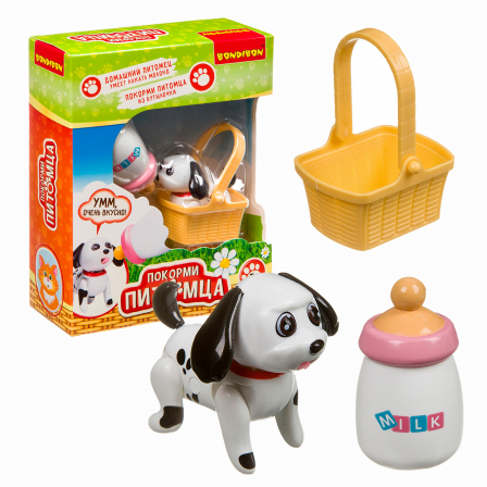 Игр.разв.пласт., СОБАЧКА с бутылочкой и корзинкой, Bondibon, на бат., 6,7х5,8 см.