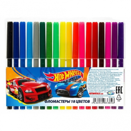 Фломастеры "Hot Wheels", 18 цветов, на водной основе с вентилируемым колпачком.  Устойчивы к п