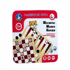 Игра магнитная в жестяной коробочке " Шахматы, шашки, нарды"