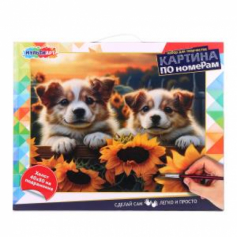 Холст по номерам 40*50 см собачки и подсолнухи МУЛЬТИ АРТ в кор.24шт
