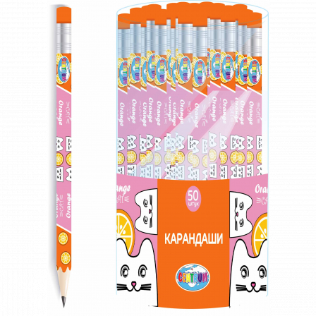Карандаши Orange cat: ч/графитный НВ деревянный заточенный ластиком в пласт