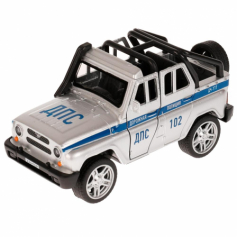 Машина металл UAZ HUNTER ПОЛИЦИЯ 11,5 см, двери, багаж, серебристый, кор. Технопарк в кор.2*36шт