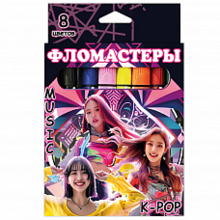 Фломастеры Music K-pop 8 цветов, треугольные, в картонной упаковке с европодвесом