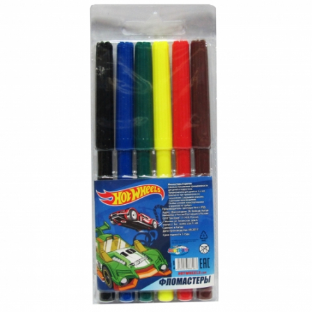 Фломастеры "Hot Wheels", 6 цветов, на водной основе с вентилируемым колпачком.  Устойчивы к пе