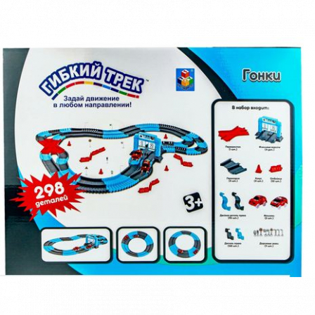 Гибкий трек 1toy "Гонки" 298 дет, финишные ворота, перекресток, дорожные знаки, 2 машинки свет, в ко